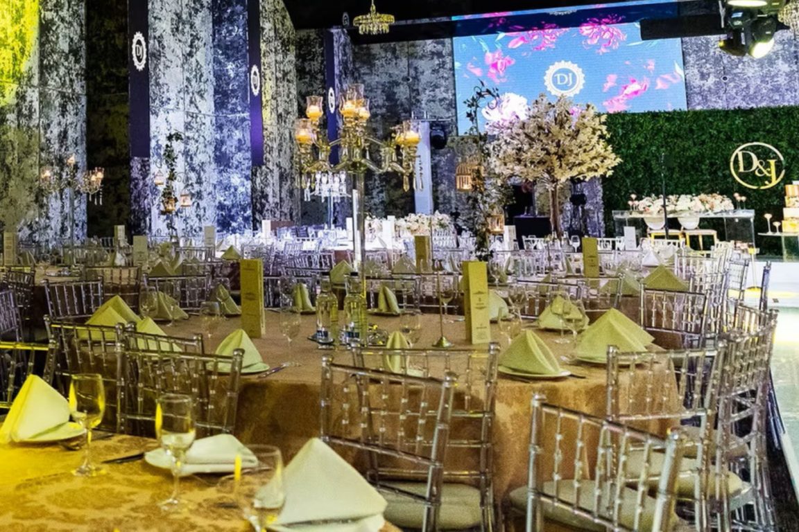 The ballroom at The Ponsbourne near Hertford set for an African wedding reception